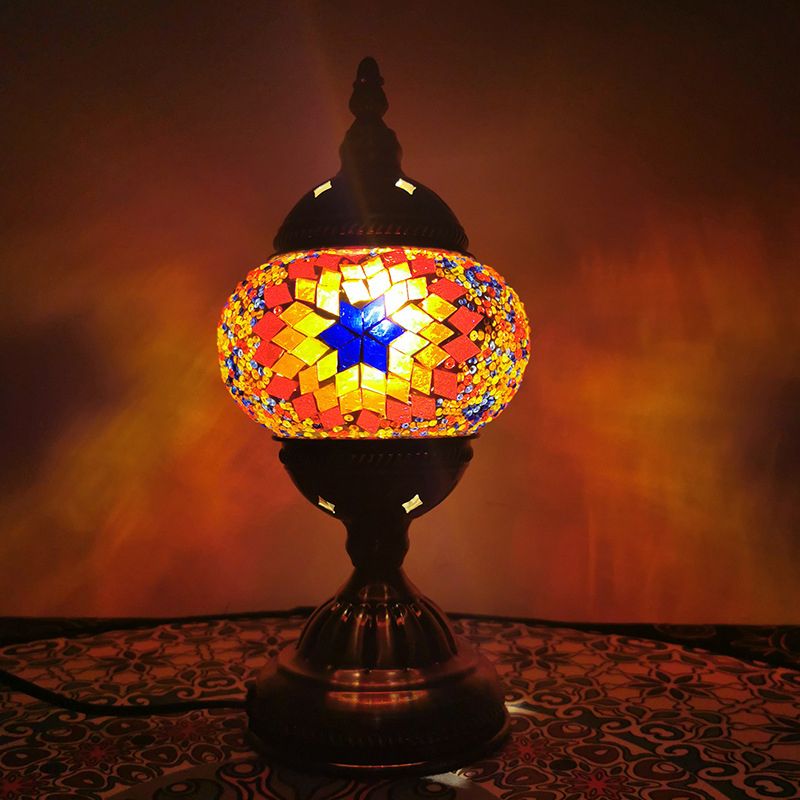 Torna in vetro in vetro in vetro leggero, lampada da tavolo da soggiorno turco a 1 luci con motivo di girasole in bronzo