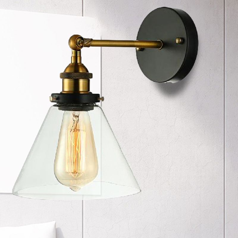 One Bulb Clear Glass Sconce Light Fixture Industrial Black Conical Bedroom Wall Lamp