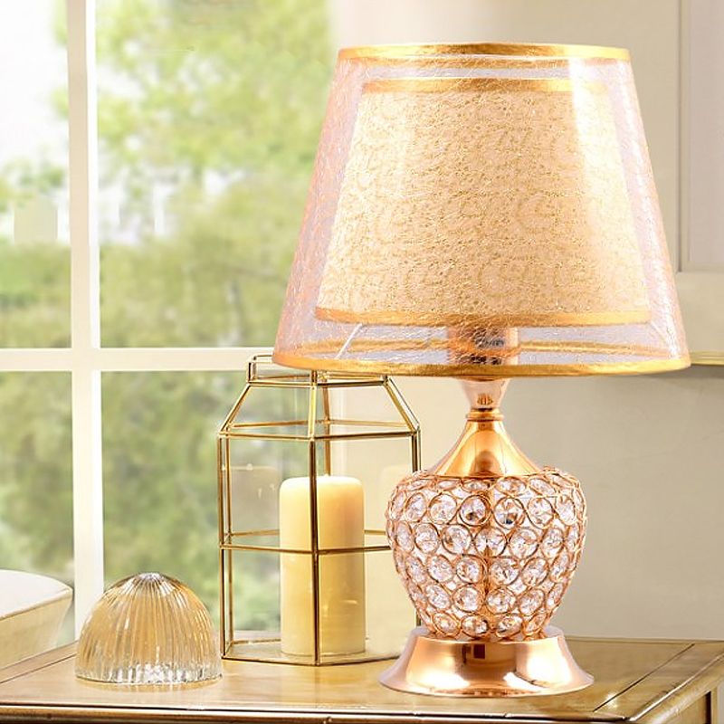 Fabric Flared Shade Table Light Modern 1 Head Gold Small Desk Lamp with Crystal Bead