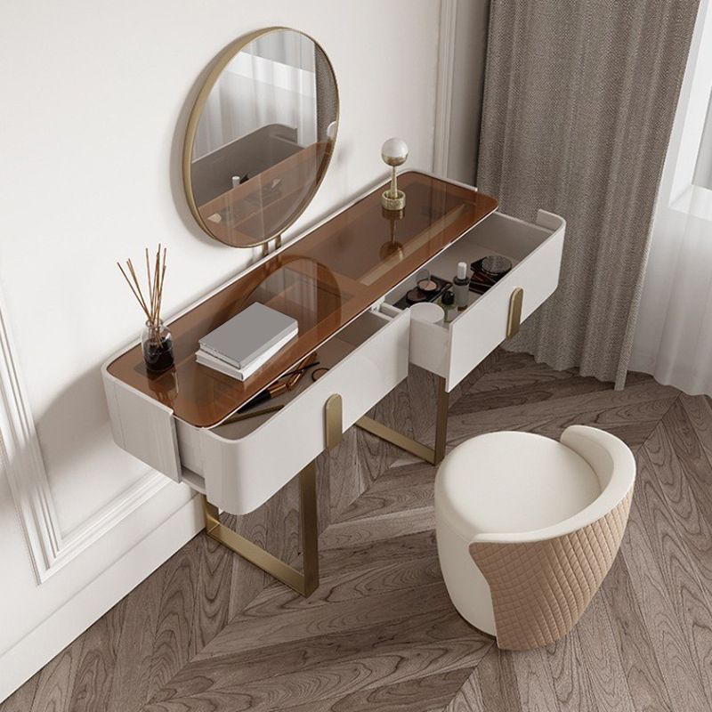 Brown Glass Top Vanity Table Glam Simple 29.53" H Dressing Table Set