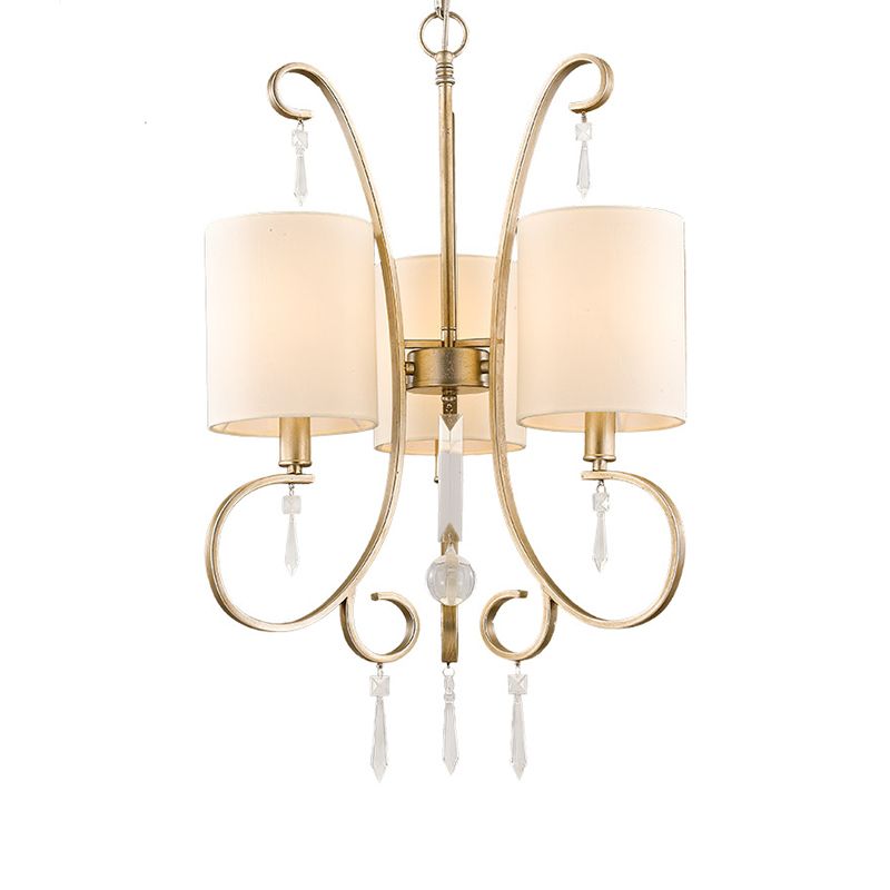 Gouden cilinder kroonluchter verlichtingsarmatuur traditionele stof 3-bulb metalen slaapkamer hangende lamp met kristallen accent