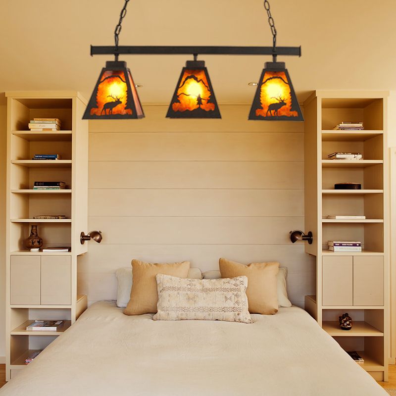 Trapezoid Metal Hanging Pendant Light Country 3 Lights Dining Room Island Lighting Fixture in Rust