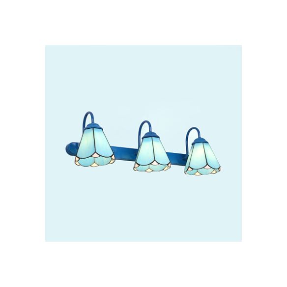 Conical Vanity Light Fixture Tiffany White/Blue Glass 3 Heads Wall Mount Light for Bathroom