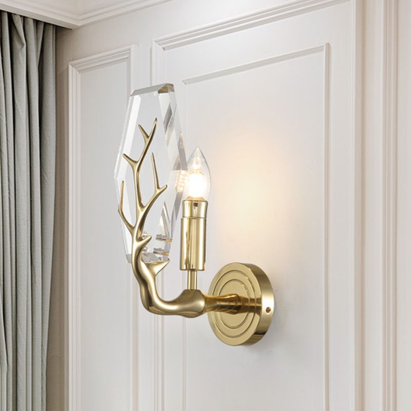 Hexagon Pannel Sconce Light Aymator Modernisme Crystal 1 Bulbe Murmont de murs en or avec déco de bois