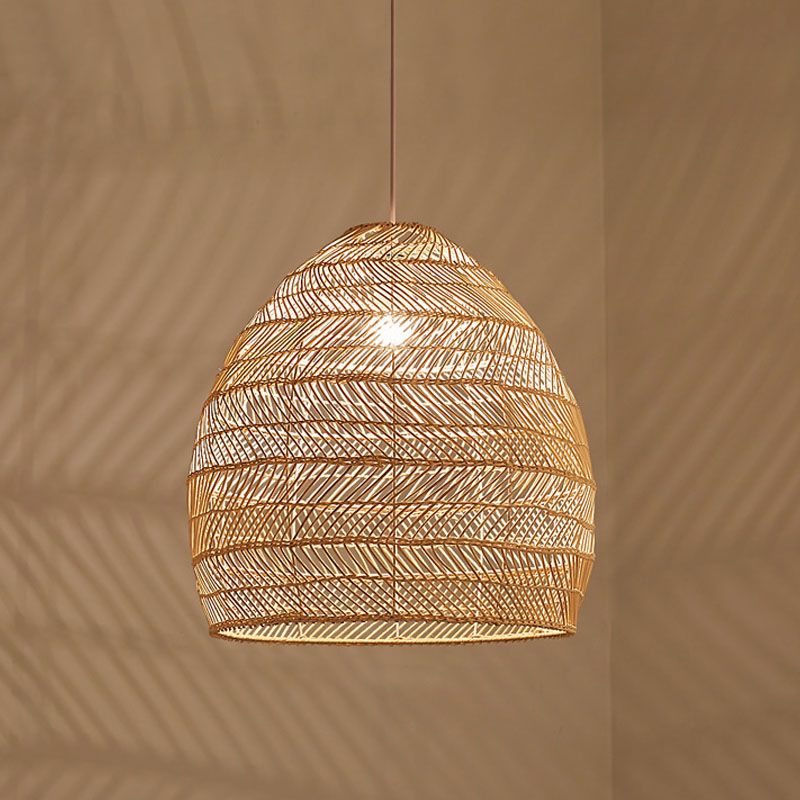 Rattan Cloche Pendant Ceiling Light Asian Single-Bulb Suspension Lighting over Dining Table