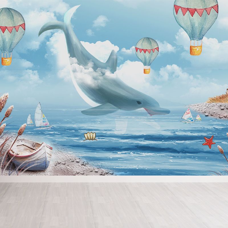 Whale and Sea Mural Decal Pastel Color Children's Art Wall Covering for Kids Room