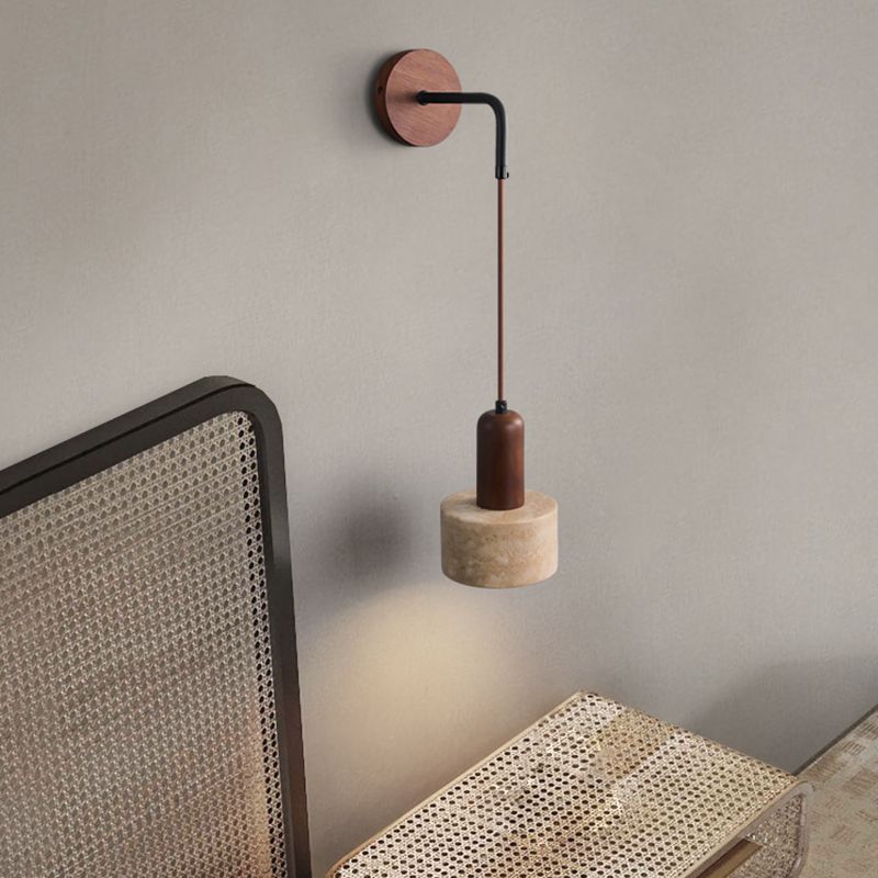 Stone and Wood Wall Lighting Cylinder Modern Wall Sconce in Brown