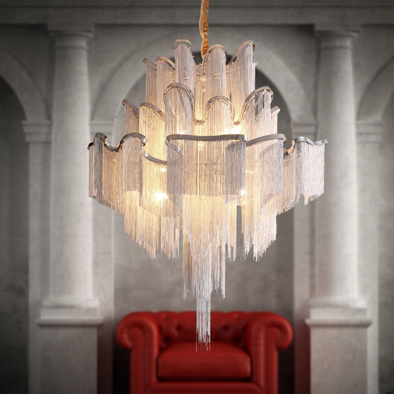 Silver Geometric LED Hanging Lamp Modern Style Tassel Indoor Ceiling Light with Aluminium Chain