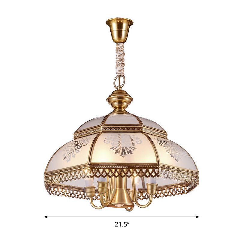 Gold 7 Heads Chandelier Lighting Colonialism Mouth Blown Opaline Glass Dome Pendant Ceiling Light for Dining Room