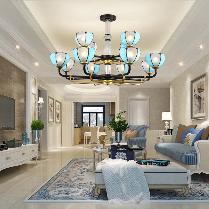 Multi Light Scalloped Chandelier with Blue Glass and Jewelry Vintage Pendant Light for Living Room