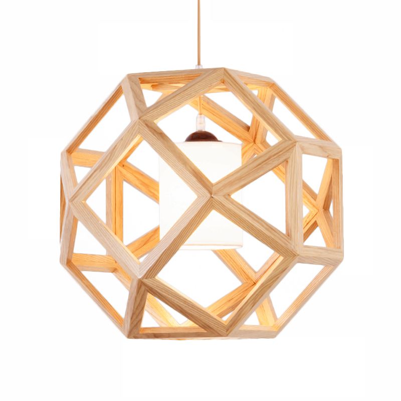 Asia Wood Globe Cage Pendant Lamp Single Bulb Hanging Light in Beige with Fabric Shade Inside
