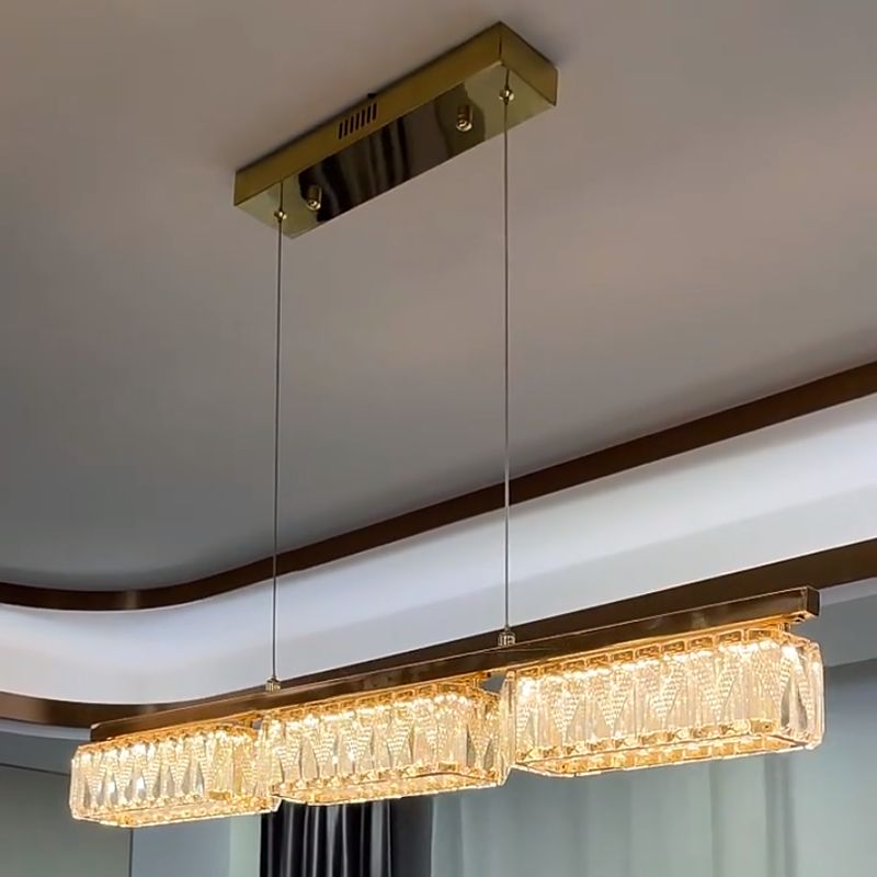 Dining Room Island Pendant Modern Gold Hanging Light with Rectangular Crystal Shade