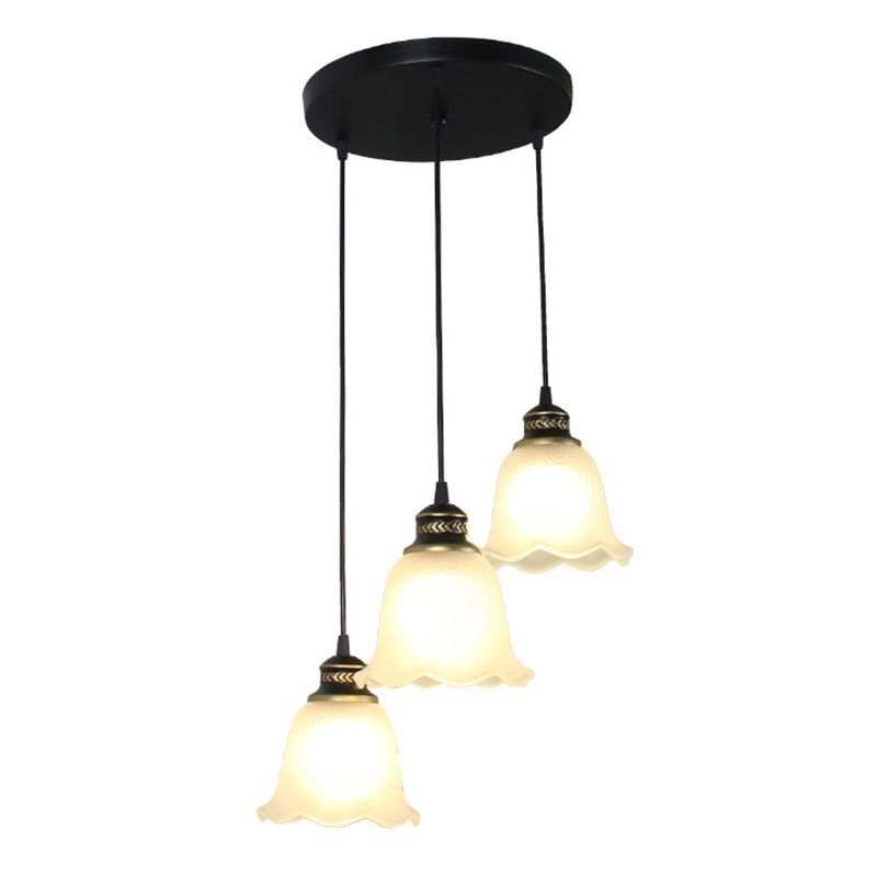 Opal Glass Bell Shade Hanging Light Rustic Dining Room Pendant Light with Scalloped Trim in Black