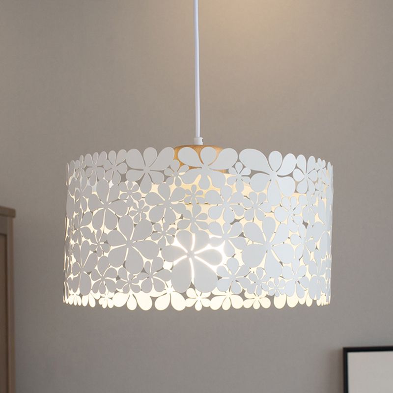 Cutout Petals Drum Iron Pendant Lamp Modern 1 Head White Hanging Ceiling Light for Dining Room