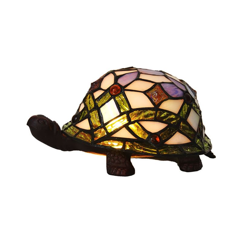 Baroque Turtle Shaped Night Lamp 1-Light Handcrafted Stained Glass Table Lighting in White