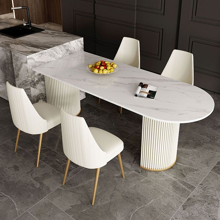 Traditional Luxury Dining Table White Sintered Stone Double Pedestal Dining Table