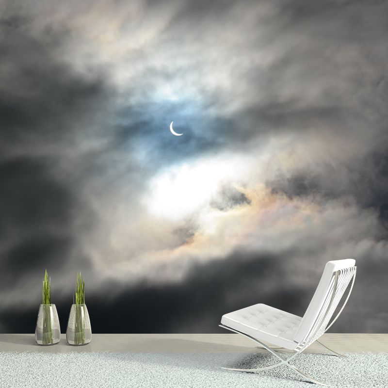 Modernist Crescent Moon Mural Grey and White Cloudy Sky Wall Decor for Living Room