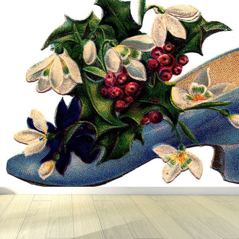 Illustration Flower and Shoe Mural Covering for Living Room, Green, Personalized
