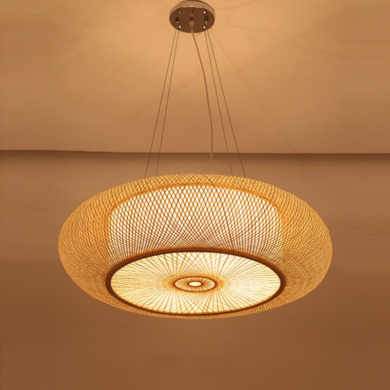 Rounded Drum Bamboo Pendant Lighting Fixture Modern Style Beige Hanging Light Fixture