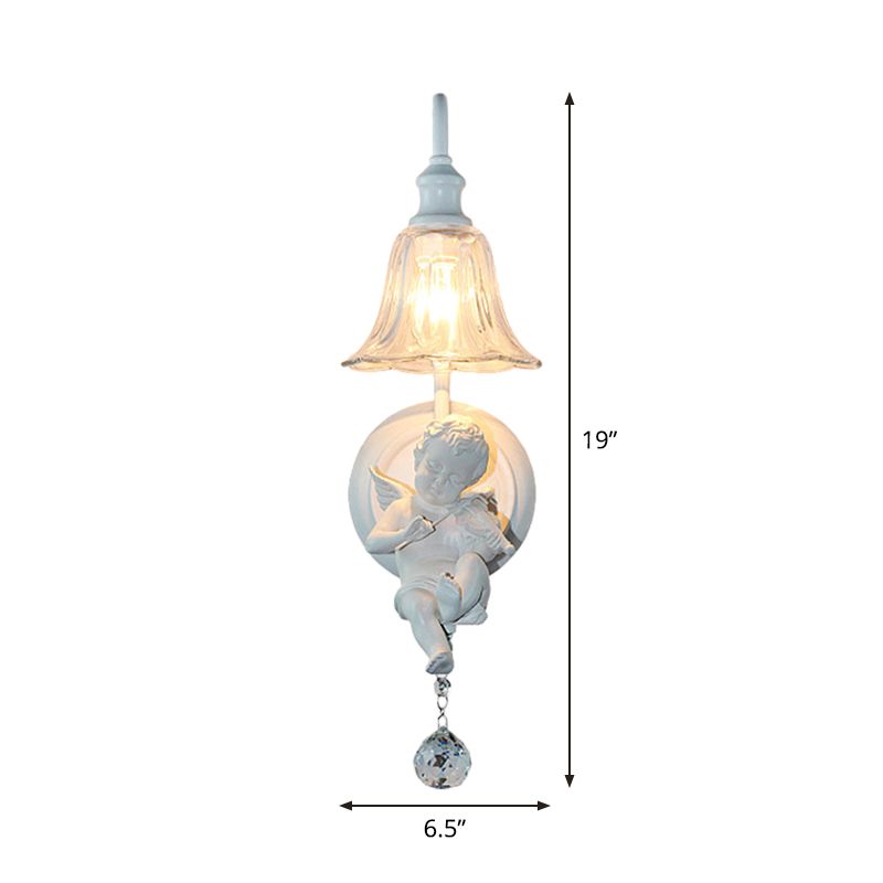 Cream Angel Wall Light Decorative 1-Head Resin Wall Mounted Lamp with Flower Clear Glass Shade and Crystal Orb