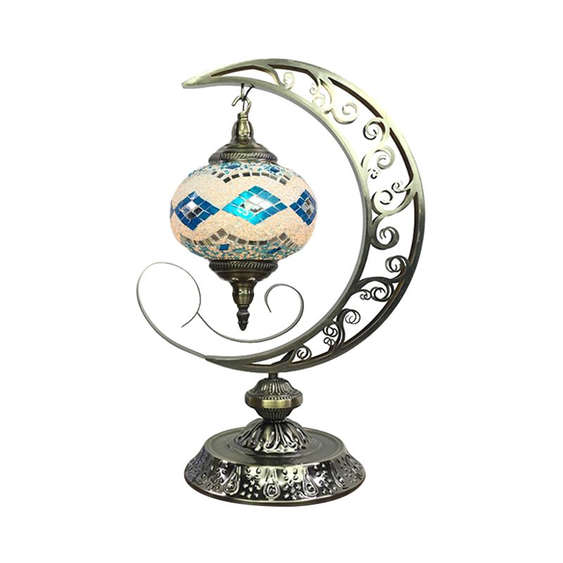 Global Bedroom Nightstand Lamp Decorative Stained Glass 1 Light White/Red/Pink Desk Light with Moon Design