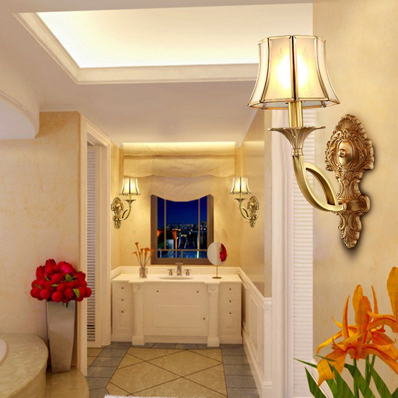 1/2-Light Frosted Glass Wall Sconce Traditional Brass Paneled Bell Living Room Sconce Light with Scrolled Arm