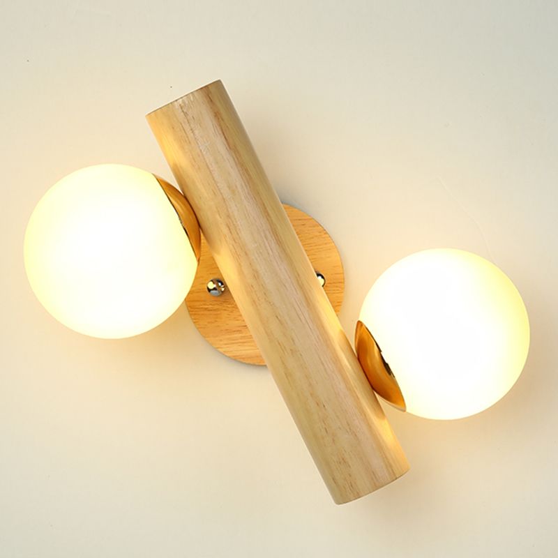 2-Light Wood Wall Lighting Modern Globe Wall Mounted Light Fixture with Glass Shade