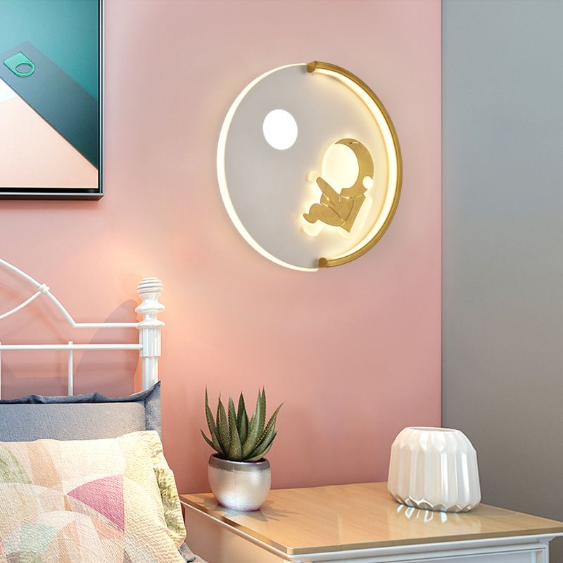 Cartoon Round Wall Sconce Lighting Metal Kids Bedroom LED Wall Light Fixture