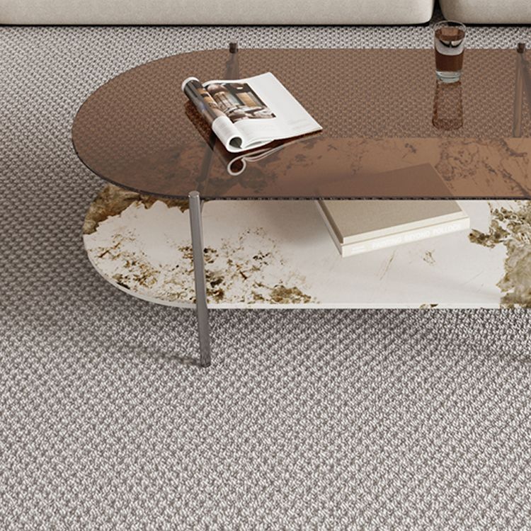 15.74" H Oval Glass Coffee Table Stainless Steel Sled Cocktail Table with Shelf