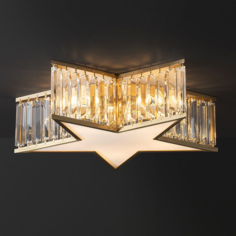 Plafonnier en forme d'étoile dorée, plafonnier à 5 lumières en cuivre de style créatif colonial avec abat-jour en cristal