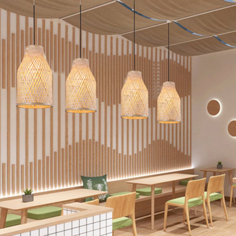 Wood Woven Suspension Lighting Minimalist Single Bamboo Pendant Ceiling Light for Restaurant