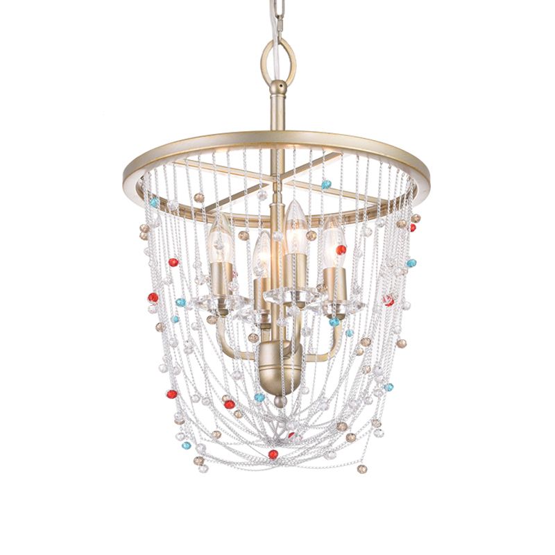 Kaarsen woonkamer kroonluchter moderne metaal 4 koppen goud hangende verlichting met kristal kraal streng decor, 15,5 "/23.5" w