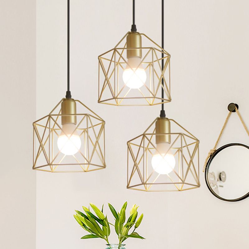 3 Lights Ceiling Light with Hexagon Cage Shade Iron Industrial Style Restaurant Hanging Light in Gold