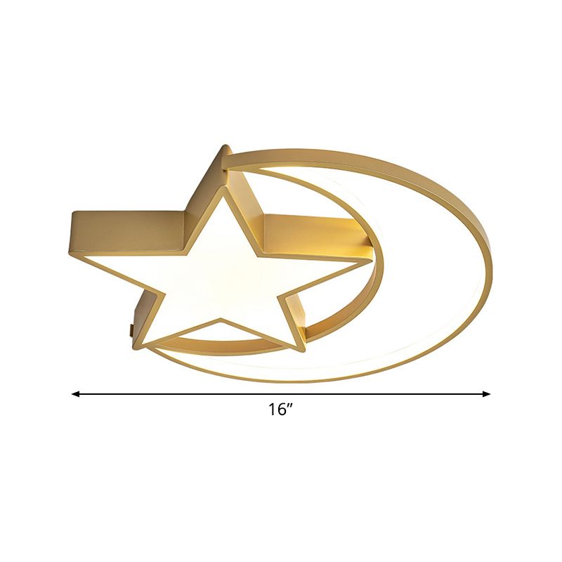 Crescent-Star Surface Ceiling Light Contemporary Iron Bedroom 16"/19.5" Wide LED Flush Mount in Gold