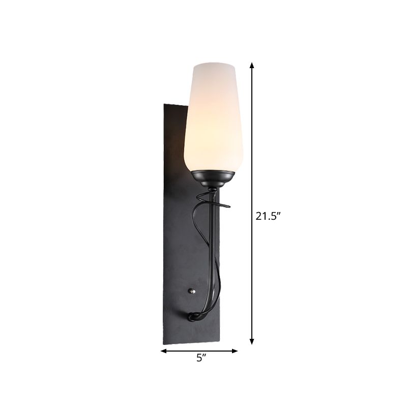 Single Light Wall Sconce Lamp Rustic Conical White Glass Wall Mounted Light Fixture in Black