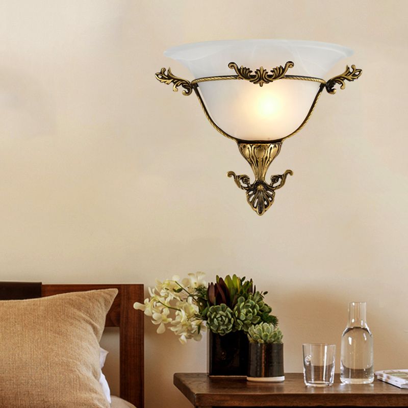 Single Bulb Flush Mount Traditional Flared Milky Glass Wall Sconce Lighting in Brass for Living Room