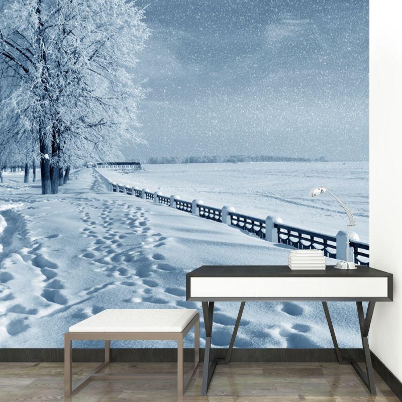 Washable Winter Frozen Lake Scene Mural Modern Non-Woven Cloth Wall Decor, Custom Made