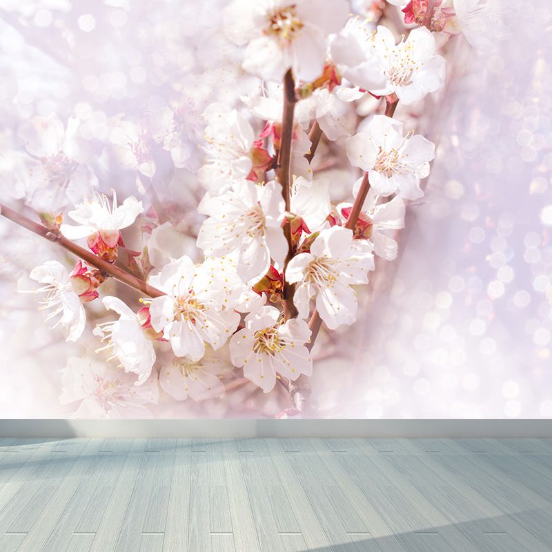 Contemporary Flower Bud Wall Mural Non-Woven Stain-Proofing White Wall Decor for Boys Room