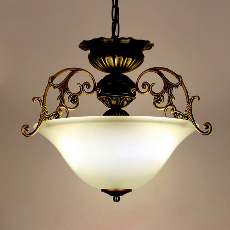 Vintage Inverted Dome Ceiling Lighting 3 Heads Frosted Glass Hanging Light in Gold-Black