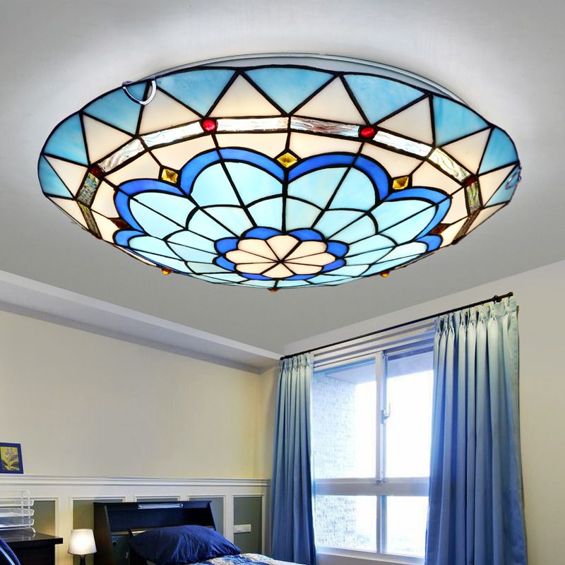 12"/16" W Bowl-Shaped Ceiling Light Industrial Vintage Stained Glass Flush Mount Ceiling Fixture in Blue
