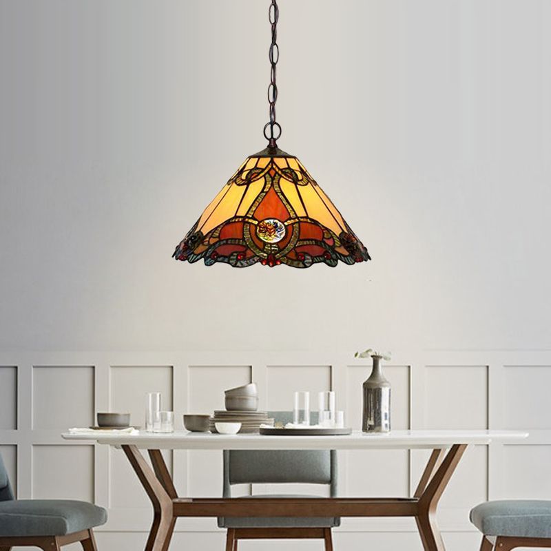 1 Light Kitchen Pendant Lamp Tiffany Bronze Ceiling Light with Conical Red Stained Glass Shade