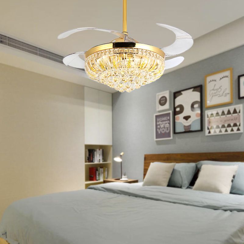 Taglio ventola di montaggio a led conico cristallo moderno semifulto dorato elegante con controllo telecomando/controllo/conversione di frequenza della parete