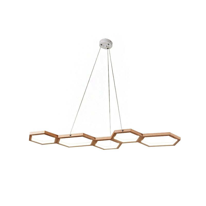 Hexagonale LED-Island Kronleuchter Einfachheit Acryl 5-Licht-Deckenleuchte in Naturholz