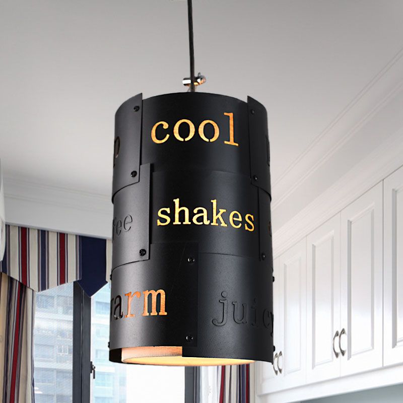 Mini Spliced Column Beer Bar Hanging Lamp Artistry Metallic Single Black Ceiling Pendant with Script