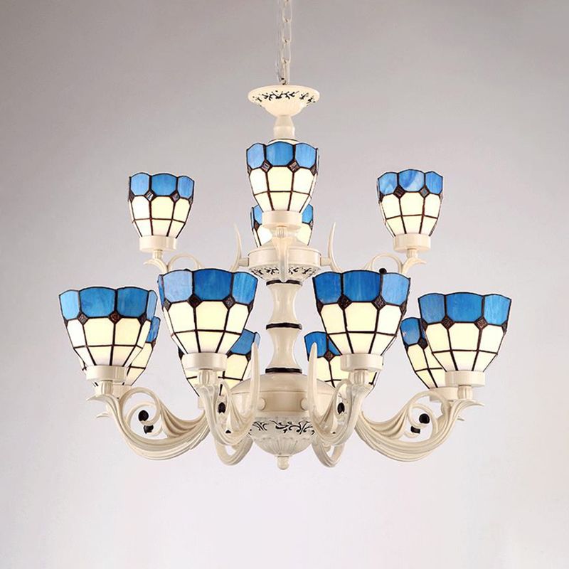 12 Lights Grid Patterned Chandelier Lighting Fixture Baroque White Stained Glass Pendant Light Kit