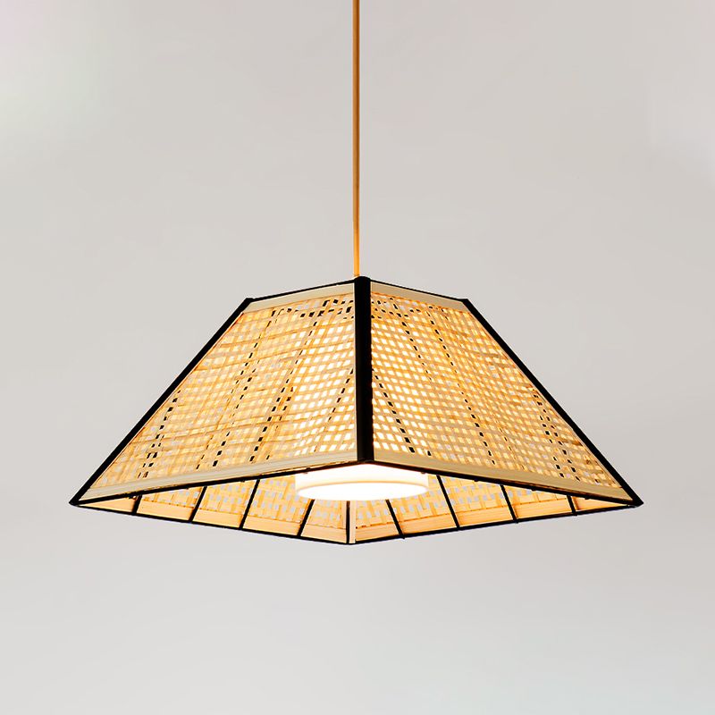 Japanese Gridded Pyramid Pendant Lamp Bamboo 1 Head Restaurant Suspension Lighting with Inner White Fabric Shade
