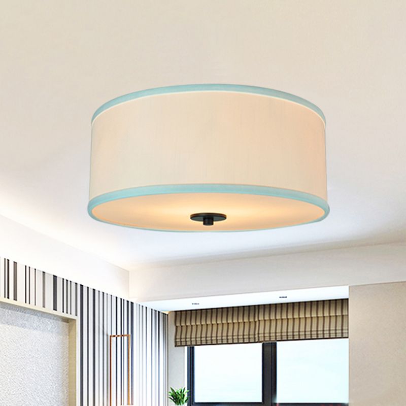 Drum Shade Flush Light Modern Fabric 5 Bulbs 16"/19.5" Wide Bedroom Ceiling Mount Fixture in Grey/White with Green Rim