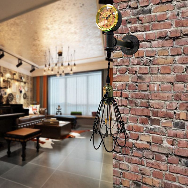 1 Bulb Metal Wall Hanging Light Farmhouse Aged Brass/Black Wire Frame Corridor Sconce Lighting with Gauge