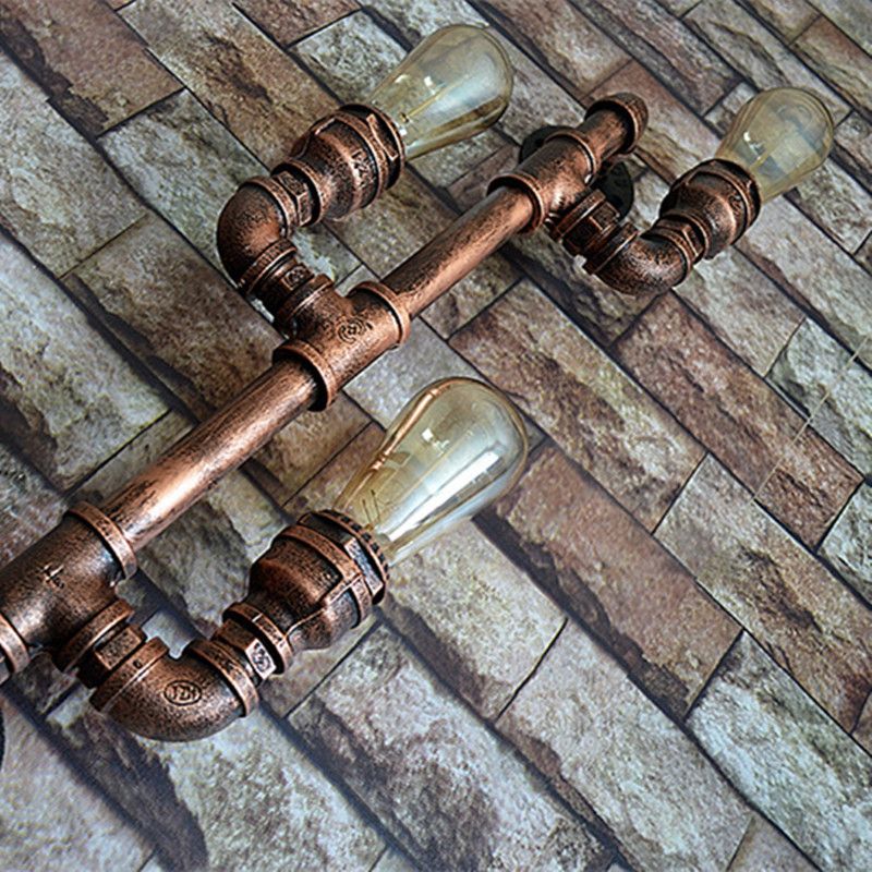Metal Water Pipe Wall Lighting Industrial Style 3 Lights Wall Mounted Light Fixture in Brown