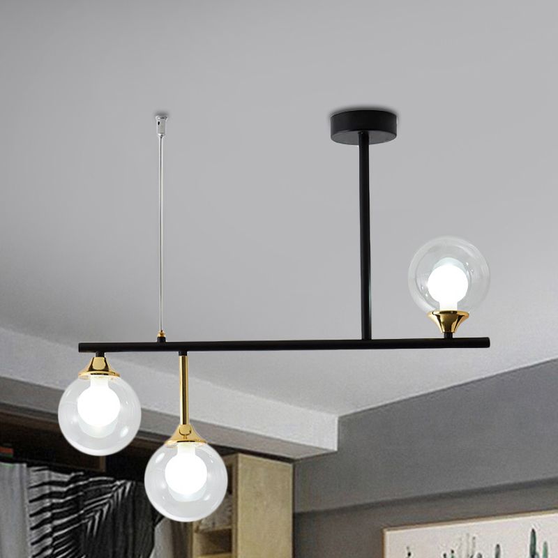 3 Bulbs Globe Island Lighting Modernism Clear Glass Pendant Light Fixture in Black for Dining Room